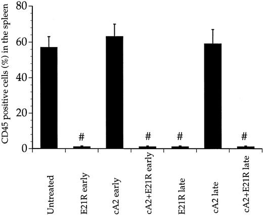 Fig. 4. Enumeration of CD45+ cells infiltrating the spleens of transplanted mice. CD45 postive cells were isolated 4 weeks posttransplant from spleens of untreated mice, mice treated for 4 weeks with E21R alone and/or MoAb cA2 starting from the time of transplant (early treatment), or starting 4 weeks posttransplant (late treatment). Values are the means + SEM from five mice; # P < .05 compared with untreated mice.