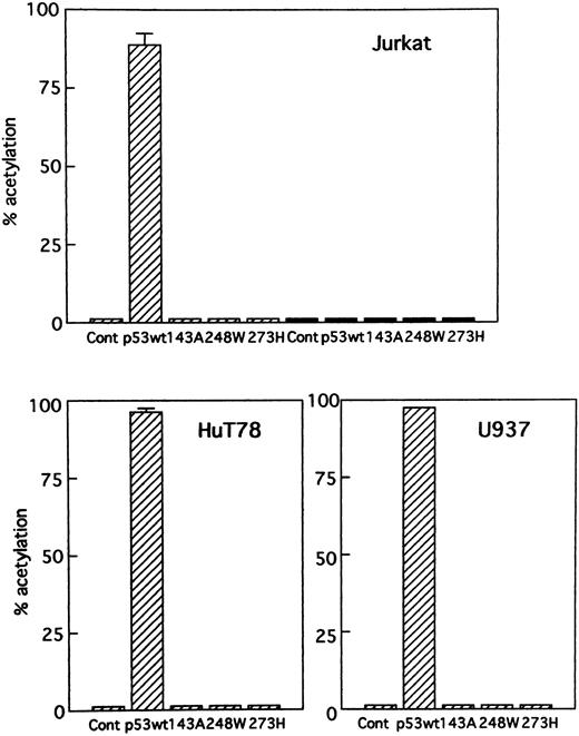 Fig. 1. Transient expression of p53 control constructs. Cells were cotransfected with (▨) PG13-CAT, a wild-type p53–inducible positive control construct (10 μg), or (▪) MG15-CAT, a negative control construct (10 μg), and wild-type or several mutant p53 expression vectors (5 μg).