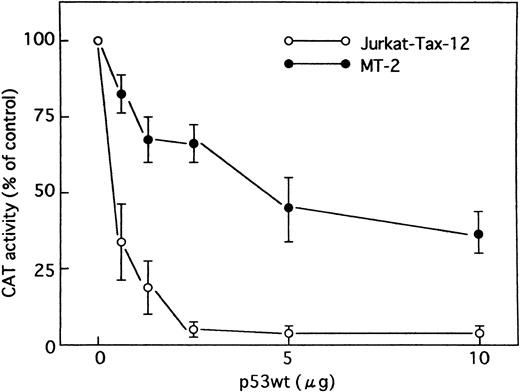 Fig. 5. Effect of p53 on HTLV-I promoter in cells containing Tax protein. Jurkat-Tax and MT-2 cells were transfected with HTLV-I LTR CAT reporter construct (5 μg), together with increasing amounts of an expression vector encoding wild-type p53 as indicated. In all cases, the total amount of DNA transfected was maintained at 15 μg by addition of control plasmid (pCMV-NeoBam). Values for CAT activity are expressed as a percentage of levels seen in the absence of p53. Data are the mean ± SEM for 3 independent transfections.