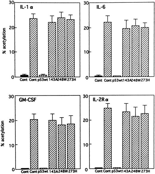 Fig. 6. Effect of p53 on stimulation of different cellular gene promoters by Tax. Jurkat cells were cotransfected with the promoter-CAT constructs indicated (10 μg) and 5 μg Tax expression vector (BC3.9 Sph) or the parental vector (BC12), together with expression vectors for wild-type p53, mutant p53s (143A, 248W, and 273H), or parental vector pCMV-NeoBam (5 μg). (▪) − Tax; (▨) + Tax.