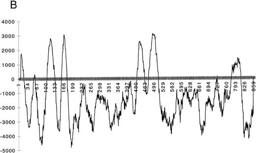 Fig. 4. Sequence analysis of AC133 antigen. (A) Sequence of AC133 antigen cDNA. The 5-TM domains are underlined, the 8 N-linked glycosylation sites are in boxes (the seventh and eighth glycosylation sites are in 1 larger box; dashed lines indicate where they overlap), and the polyadenylation signal is in a small box. (B) Hydrophobicity analysis of the AC133 antigen protein sequence. The hydrophobic signal peptide is notable along with 5 very hydrophobic TM domains. The last TM domain contains a single lysine in the middle of the TM sequence. (C) Graphic of the proposed structural model of AC133 antigen. This protein is modeled as having an extracellular N-terminus, a cytoplasmic C-terminus (containing 5 tyrosine residues), 2 small cysteine-rich cytoplasmic loops, and 2 very large extracellular loops each containing 4 consensus sequences for N-linked glycosylation. The position of the 4 original peptides is indicated in bold.