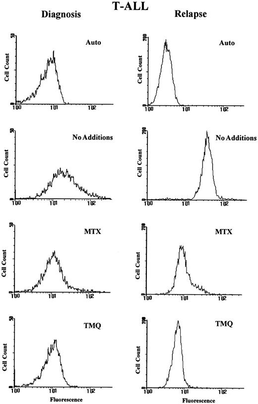 Fig. 4. Fluorescence histograms for paired T-cell ALL specimens at diagnosis and relapse. Paired blast samples from a patient with T-ALL (specimens T13 and rT6 in Table 2 and 3, respectively; right panel) were assayed for DHFR and MTX transport with PT430 and flow cytometry as described in Materials and Methods. Fluorescence histograms are shown for blasts treated with PT430 (20 μmol/L) and suspended in drug-free medium (No Additions) or in the presence of Mtx (0.5 μmol/L) or trimetrexate (TMQ; 0.5 μmol/L). Data are plotted as computer-generated histograms after the analysis of 10,000 cells. The abscissa is a logarithmic scale of the relative fluorescence intensity in a given fluorescence intensity channel.