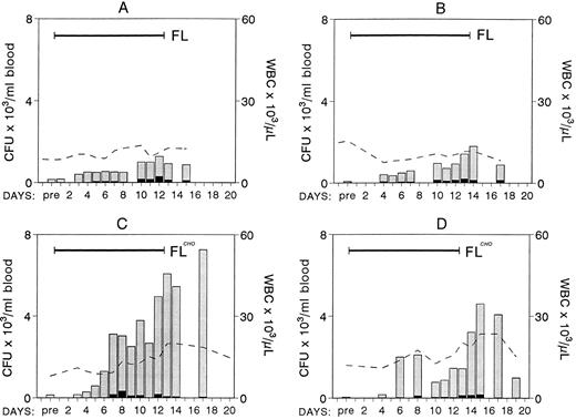 Fig. 1. Changes in WBCs (× 103; - - - - ) and in the number of clonogenic progenitors (per milliliter of blood) with FL treatment (200 μg/kg/day × 12 days; ▪ for BFU-E, for nonerythroid). Animals A and B were treated with the yeast-derived material and animals C and D with the CHO-derived material. Note the progressive mobilization of progenitors at the end of treatment, especially in animals C and D.