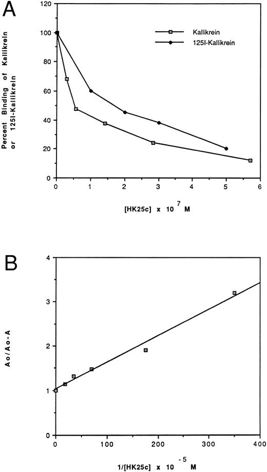 Fig. 5. Effect of HK25c on the binding of kallikrein (⊡) and 125I-kallikrein (♦) to HUVEC-bound HK. (A) After preincubation with HK, HUVEC were incubated with increasing concentrations of HK25c in the presence of 10 nmol/L kallikrein or 125I-kallikrein. The ability of HK25c to inhibit kallikrein binding to cell-bound HK was determined by measuring the residual cell-associated kallikrein activity and 125I-kallikrein by radioactivity. The IC50 of HK25c determined in this manner was 50 ± 10 nmol/L (SD) for kallikrein and 150 nmol/L for 125I-kallikrein. (B) The kd of HK25c and kallikrein averaged from three binding assay plots of HK25c is 70 ± 10 nmol/L (SD).