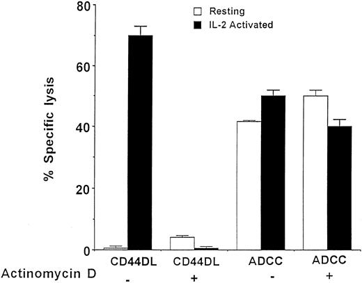 Fig. 2. The acquisition of CD44DL requires IL-2 activation and transcription. LD-PBL were incubated for 3 days in the presence or absence of 100 U/mL IL-2 with or without 10 ng/mL actinomycin D, washed, and tested for the ability to lyse TNP-MC1 target cells at an effector:target ratio of 25:1. CD44DL, lysis measured in the presence of anti-CD44(Fab) × anti-DNP (Fab) bsAb; ADCC, lysis measured in the presence of intact rabbit anti-DNP Ab. Similar results were obtained at other effector:target ratios and in two of two other experiments. Data represent the means and standard errors of triplicate samples from a single experiment. (□) Resting; (▪) IL-2 activated.