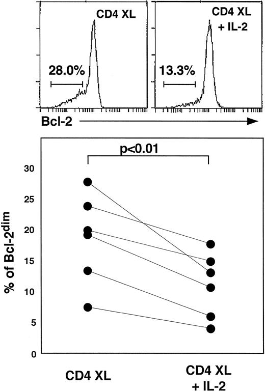 Fig. 7. Downmodulation of Bcl-2 expression is prevented by IL-2. PBMC treated with Leu3a/GAM were cultured in the absence or presence of IL-2 (30 U/mL) for 3 days. The percentages indicated in the figure are percentages of the Bcl-2 dim plus Bcl-2 negative cells. Values of statistical significance determined by paired t test are indicated (n = 6).