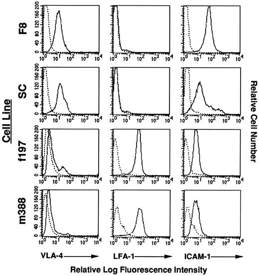 Fig. 7. Flow cytometric analysis of adhesion molecules on LGL cell lines. Reactivity of antibodies against adhesion molecules is indicated with solid lines. Reactivity of a control antibody, indicated by dashed lines, is depicted in all panels.