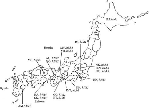 Fig. 5. Map of Japan indicating the birthplaces of the 17 Bombay and para-Bombay individuals.