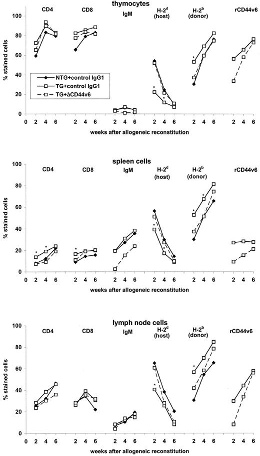 Fig. 5. Leukocyte distribution after reconstitution of allogeneic mice with BMC from rCD44v4-v7-TG and NTG mice. Lethally irradiated allogeneic BALB/c mice were reconstituted with 5 × 106 BMC from NTG and rCD44v4-v7 TG C57BL/6 mice. Mice received, in addition, either a control IgG1 or anti-rCD44v6 (200 μg twice per week). TC, SC, and LNC were harvested after 2 to 6 weeks. Expression of CD4, CD8, sIgM, H-2d (host), H-2b (donor), and the transgene product was analyzed by flow cytometry. The mean percentage of stained cells in 2 pools (TC and LNC from 3 mice, 2 weeks after reconstitution) or in 6 individually tested mice are shown. SD were in the range of 3% to 7%. Significant differences between NTG and TG BMC (P ≤ .01) are indicated by an asterisk.