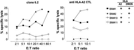 Fig. 5. Cytotoxic activity of clone 6.2 to BM cells. Unfractionated BM cells were tested as target cells for clone 6.2 (left) and for an HLA-A2–specific, CD8+ alloreactive CTL (right) in 4-hour standard CML assays.