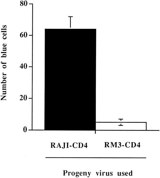 Fig. 5. Enhancement of viral infectivity in a defined incubation time period conferred by the presence on HIV-1 of host-derived MHC-II glycoproteins. HeLa-CD4-LTR-β-gal cells were incubated for 15 minutes at 37°C with 100 TCID50 of progeny virus produced by HIV-1IIIB–infected RAJI-CD4 (▪) or RM3-CD4 (□) cells. Cells were washed several times to remove unadsorbed viruses and incubated for 48 hours in a 37°C, 5% CO2 incubator. The number of blue-stained cells were counted using a light microscope. Results shown are the mean ± SD of triplicate determinations. The number of blue cells in mock-infected cells was always less than 5.