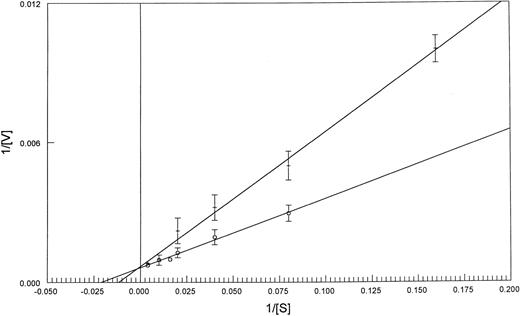 Fig. 1. Lineweaver-Burk plots of FPGS activity as a function of MTX concentration in CCRF-CEM (o-o) and K562 (+-+) cell lines. Values are the mean of three experiments, with standard deviations indicated. See Materials and Methods for details.