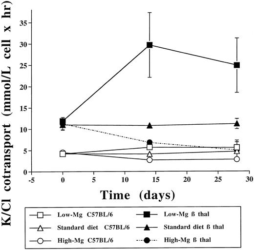 Fig. 2. Effect of dietary Mg on erythrocyte K-Cl cotransport. Erythrocyte K-Cl cotransport activity in C57BL/6 control and β thal mice at baseline and after 14 and 28 days at 3 different dietary Mg intakes.