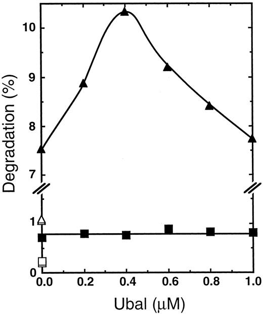 Fig. 4. Ubal enhances degradation of 3H-α-chains, but not of tetrameric 3H-HbA reconstituted from them. Each reaction mixture was incubated at 37°C for 2 hours with a dialyzed hemolysate from the blood cells of a β-thalassemic donor (P.C.) and with either the usual concentration (0.15 μg/μL) of 3H-α-chains or an equivalent concentration of 3H-α-chains in HbA (3H-α2β2-tetramer) as a proteolysis substrate. Values from mixtures with ATP, an ATP-regenerating system, and supplementary Ub are plotted for the degradation of free 3H-α-chains (▴) or 3H-α2β2 (▪). Unfilled symbols represent degradation values of the corresponding 3H-protein from otherwise duplicate mixtures without ATP. The substrates were prepared from protein stocks, each 5.0 mg/mL in a 10-mmol/L PO4 (K+), pH 7.0, buffer, by the addition of 20 μL 3H-α-chains to either 25 μL buffer alone or 25 μL nonradioactive human Hb β-chains29; these mixtures were incubated at 4°C for 2 hours to provide free 3H-α-chains or 3H-α2β2-tetramers, respectively.