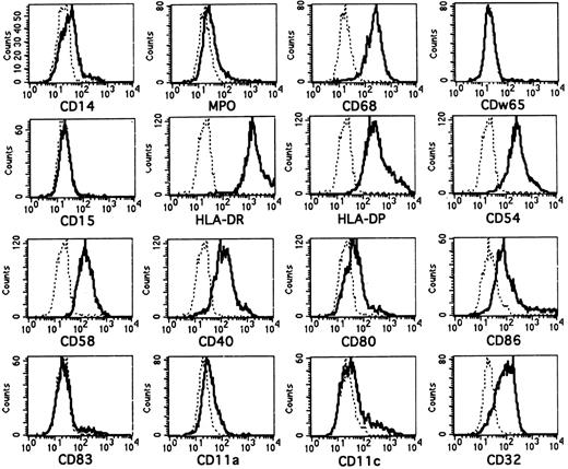 Fig. 3. Phenotypic analysis of in vitro-generated CD1a+ cells. Purified CD34+ CB cells were cultured for 10 days in serum-free medium in the presence of FL plus TGF-β1, GM-CSF, TNFα, and SCF. They were then harvested and combined-stained for expression of CD1a and several informative molecules as indicated. Overlay diagrams show expression of the indicated molecules (lines) versus negative control (dotted lines) by gated CD1a+ cells. CD1a+ cells were gated in separate diagrams (CD1a v SSC, not shown). Histograms represent at least 3,000 gated CD1a+ cells.