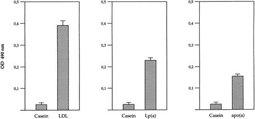 Fig. 4. Direct binding of β-2 glycoprotein I to immobilized Lp(a), apo(a), and LDL. Microtiter plate wells coated with purified LDL, Lp(a) and free apo(a) or Casein were incubated with purified β-2 glycoprotein I and binding was detected by ELISA as described in Materials and Methods.