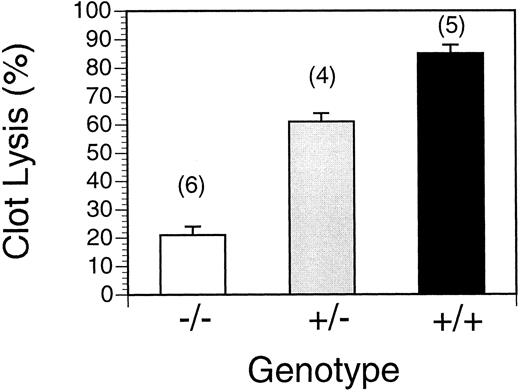 Fig. 1. Clot lysis in wild type, t-PA+/− and t-PA−/− mice. Spontaneous lysis of pulmonary emboli 16 hours after clot injection. +/+: wild type mice; +/−, heterozygous t-PA deficient; −/−, homozygous t-PA deficient. Values represent mean ± SEM of the indicated number of mice in parentheses.