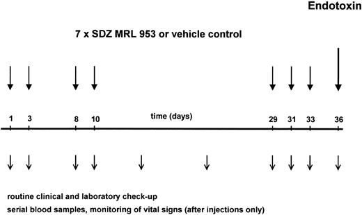 Fig. 1. Schematic illustration of the study protocol. Twenty patients, divided in five dose subgroups (18.0 to 39.6 μg/kg of BW), were treated with seven intravenous bolus injections of SDZ MRL 953 at the indicated time points. One of four patients was randomized to receive double-blind vehicle control instead of SDZ MRL 953. Three days after the last injection of SDZ MRL 953 or vehicle control, each patient was challenged with an intravenous bolus injection of endotoxin (2 ng/kg of BW). Patients were monitored closely for toxic effects of the drugs, and serial blood samples were drawn for hematologic changes and systemic cytokine release, as described in the Materials and Methods.