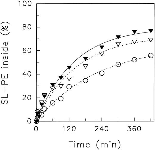 Fig. 6. Redistribution of SL-PE in human erythrocytes suspended in media of high (120 mmol/L NaCl) or low ionic concentration (5 mmol/L NaCl) at neutral and acidic pH (4°C). After incorporation of SL-PE, the redistribution kinetics were monitored by the back-exchange of analogues on the outer leaflet to BSA (see the Materials and Methods). High ionic concentration: pH 5.8 (○); low ionic concentration: pH 5.8 (▿), pH 7.4 (▾). Curves were fitted by nonlinear regression to a monoexponential function.