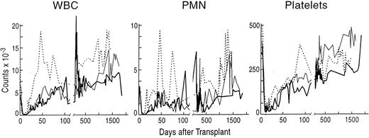 Fig. 1. Stable peripheral blood counts after engraftment with purified allogeneic CD34+ lymphocyte-depeleted marrow cells from sex-mismatched, MLC-identical sibling baboons. (A) The total white blood cell count (WBC × 10−9/L), (B) the absolute neutrophil count (ANC × 10−9/L), and (C) the platelet count (PLT × 10−9/L) for each of the animals after transplantation. (━) A98164; (─) A89163; (⋅⋅⋅⋅) A91382