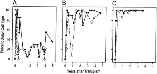 Fig. 2. Donor-derived cells are responsible for the stable engraftment. The panels show the proportion of donor karyotypes observed at various times after transplantation in preparations of unstimulated bone marrow cells (•) and PHA-stimulated peripheral blood cells (○). In general, 20 metaphases were examined at each time point, unless indicated. (A) A98164; (B) A89163; (C) A91382.
