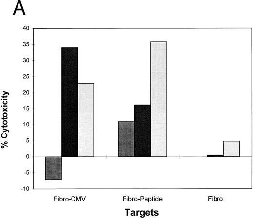 Fig. 4. (A) PBMCs from a seropositive donor are inducible to become HCMV-specific cytotoxic effectors using peptide-loaded fibroblasts. Autologous fibroblasts were incubated with 10 μmol/L pp65495-503 , and fresh PBMCs were added to the well for a 7-day stimulation repeated three times as described in Materials and Methods. Two days before harvest of the PBMCs, autologous fibroblasts were treated with IFN-γ, and infected with HCMV strain AD169. Additional IFN-γ–treated fibroblasts were incubated with peptide or medium, and a CRA was conducted at the indicated time points using 2,000 targets in each case. To verify that the target fibroblasts could function as APC, at each time point they were evaluated against the T-cell clone 3-3F4 (data not shown). The CRAs were conducted at each time point using PBMCs that had been depleted of CD4+ T cells. (), Day 0; (▪), second stimulation; (), third stimulation. (B) PBMCs from a seropositive donor are inducible to become HCMV-specific cytotoxic effectors using peptide-loaded PHA-blasts. Fresh PBMCs were incubated with peptide-loaded PHA-blasts for two rounds of stimulation. The effectors were incubated with CMV-infected or peptide-sensitized fibroblasts as described in (A). Both autologous and completely HLA mismatched fibroblast targets were used in CRAs with the peptide-stimulated PBMCs. (), Matched; (▪), mismatched.