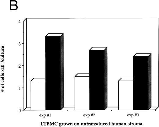 Fig. 1. Effects of HIV-1 infection on growth of human LTBMC. (A) Growth curves of HIV-1–infected and –uninfected LTBMC. The total number of cells present in duplicate LTBMC are depicted. (○) Represent the cell numbers for the HIV-1–infected culture, (•) represent the cell numbers for the uninfected culture. (B) Numbers of cells in HIV-1–infected and –uninfected LTBMC. The total numbers of cells present in LTBMC cultured on nontransduced, primary human stroma 3 weeks after infection with HIV-1 (□) or uninfected (▪) were counted. The figure shows results from three independent experiments. (C) Numbers of CFU in HIV-1–infected and –uninfected LTBMC. The total numbers of clonogenic CFU progenitors from the same three sets of LTBMC depicted in (B) were assayed 3 weeks after infection with HIV-1 (□) or uninfected (▪).