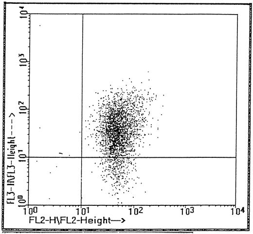 Fig. 1. Subpopulations of CD34 cells expressing α4 (PE, fl2) and CD38 (tricolor, fl3).