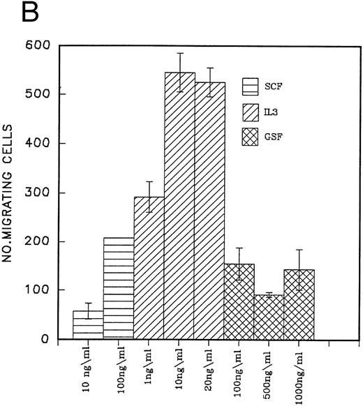 Fig. 5. (A) Migration of CD34 cells over 16 hours at 37°C through filters coated with H120 at 15 μg/mL with IL-3 10 ng/mL, SCF 100 ng/mL, and G-CSF 500 ng/mL separately and in combination. IL-3 alone stimulated more migration than SCF (P = .01) and G-CSF (P = .01) alone. (B) Migration of CD34 cells over 16 hours at 37°C through filters coated with H120 at 15 μg/mL with different concentrations of SCF, IL-3, and G-CSF. A total of 1 ng/mL IL-3 stimulated more migration than 10 ng/mL SCF (P < .05). (C) Migration of CD34 cells from cord blood over 16 hours at 37°C through filters coated with BSA and H120 and H0 coated at 15 μg/mL with and without IL-3 10 ng/mL. Migration on H120 is increased with IL-3 (P < .005). (D) Migration of CD34 cells from cord blood over 4 hours at 37°C through filters coated with H120 at 15 μg/mL with IL-3 10 ng/mL. Effect of blocking anti-α4 and anti-β1 antibodies on IL-3 stimulated migration. Significant reduction occurred with anti-α4 (P < .01), anti-β1 (P = .01), and the combination (P = .001).