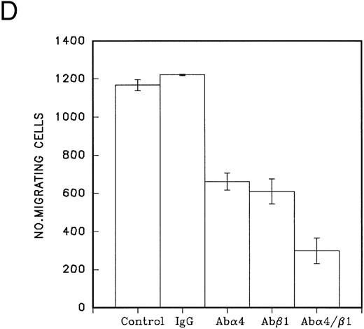 Fig. 5. (A) Migration of CD34 cells over 16 hours at 37°C through filters coated with H120 at 15 μg/mL with IL-3 10 ng/mL, SCF 100 ng/mL, and G-CSF 500 ng/mL separately and in combination. IL-3 alone stimulated more migration than SCF (P = .01) and G-CSF (P = .01) alone. (B) Migration of CD34 cells over 16 hours at 37°C through filters coated with H120 at 15 μg/mL with different concentrations of SCF, IL-3, and G-CSF. A total of 1 ng/mL IL-3 stimulated more migration than 10 ng/mL SCF (P < .05). (C) Migration of CD34 cells from cord blood over 16 hours at 37°C through filters coated with BSA and H120 and H0 coated at 15 μg/mL with and without IL-3 10 ng/mL. Migration on H120 is increased with IL-3 (P < .005). (D) Migration of CD34 cells from cord blood over 4 hours at 37°C through filters coated with H120 at 15 μg/mL with IL-3 10 ng/mL. Effect of blocking anti-α4 and anti-β1 antibodies on IL-3 stimulated migration. Significant reduction occurred with anti-α4 (P < .01), anti-β1 (P = .01), and the combination (P = .001).
