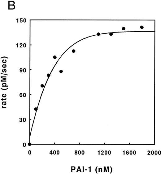 Fig. 3. Inhibition of thrombin by PAI-1 in the presence of heparin. (A) Initial rates of thrombin (36.6 nmol/L) inhibition in the presence of heparin and PAI-1 (concentrations as indicated), were determined. Initial rates were corrected for the presence of DAPA (182.9 nmol/L) as described under Experimental Procedures. (▴), 190 nmol/L PAI-1; (•), 570 nmol/L PAI-1; (▪), 1,476 nmol/L PAI-1. (B) Initial rates of thrombin (30 nmol/L) inhibition by increasing concentrations of PAI-1 (100 to 1,800 nmol/L) were measured at a fixed concentration of heparin (0.17 U/mL; 60 nmol/L) and corrected for the presence of DAPA (370.4 nmol/L) as described under Experimental Procedures. (C) Initial reaction rates were measured at fixed concentrations of heparin (0.17 U/mL; 60 nmol/L), PAI-1 (1 μmol/L), and DAPA (150 nmol/L) at various concentrations of thrombin. Rates were corrected for the presence of DAPA, according to equation (2), as described under Experimental Procedures. The linear increase in the double-logarithmic plot of rate versus thrombin exhibits a slope of 1.0, indicating that the reaction is first-order with respect to thrombin. The inset shows the relation between fractional lifetime (t1/3 ) as a function of thrombin concentration. The inflection point indicates a transition from first-order to zero-order kinetics with respect to thrombin concentration, as a result of saturation of the heparin template. For further details see Experimental Procedures.