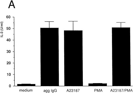 Fig. 1. IL-3 production by stimulated 185-4 cells. (A) The 185-4 cells were cultured with medium alone, aggregated IgG (50 μg/mL), calcium ionophore A23187 (250 ng/mL), PMA (100 ng/mL), or a combination of A23187 and PMA. After 3 hours, culture supernatants were dialyzed. IL-3 was measured in each sample by a bioassay using IL-3–dependent cells as described in Materials and Methods. Data represent the means ± standard deviation (SD) of five replicates. (B) RT-PCR analysis of IL-3 production by 185-4 cells. The 185-4 cells were cultured with each stimulator for 3 hours. Total RNA (5 μg) from the cells was reverse transcribed and PCR amplified as described. PCR products were resolved in 2% agarose gel and visualized by staining with ethidium bromide.