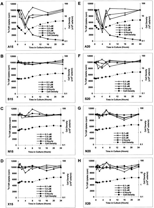Fig. 4. Effect of culture with MDM2 antisense ODN on proliferation in RPMI 8226 MM cells. RPMI 8226 MM cells were cultured in media with MDM2 antisense ODN (A15 and A20, A and E), MDM2 sense ODN (S15 and S20, B and F ), MDM2 nonsense ODN (N15 and N20, C and G), or MDM2 scrambled ODN (X15 and X20, D and H) at concentrations of 0.1, 1.0, and 2.0 μmol/L for up to 24 hours, without replenishment of ODNs. In addition, RPMI 8226 MM cells were cultured with 1.0 μmol/L of each ODN, with replenishment of ODN every 4 hours. Proliferation was measured by 3H-TdR uptake at 0, 0.5, 1, 2, 4, 6, 8, 12, 16, 20, and 24 hours. Viable cell density at 0, 0.5, 1, 2, 4, 6, 8, 16, and 24 hours was also determined by trypan blue exclusion for RPMI 8226 MM cells cultured in 1.0 μmol/L of each ODN, without replenishment of ODN.