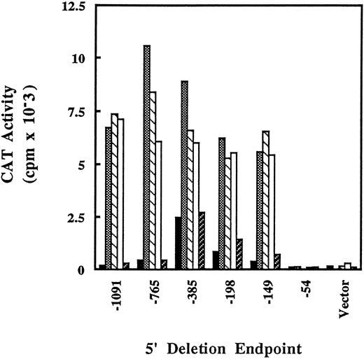 Fig. 3. Deletion analysis of γ-globin promoter-CAT fusion constructs in K562 after induction by butyrate, histone deacetylase inhibitors, or hydroxyurea. K562 cells were transfected (see Materials and Methods) with γ-globin promoter-CAT plasmids containing sequences from −1091 to +45 bp relative to the transcription start site with the indicated 5′ ends. The transfected cells were treated with arginine butyrate (, 1 mmol/L), trapoxin (▧, 2.5 nmol/L), trichostatin A (□, 100 nmol/L), or hydroxyurea (▨, 1 mmol/L) for 36 hours, then harvested and assayed for CAT activity. (▪), Untreated. The experiment shown is representative of three transfections done with the deletion series.