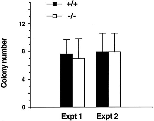 Fig. 5. CFU-S day 12 (CFU-S d12) progenitors in IL11Ra −/− mice. Mean ± SD of CFU-S d12 from two independent experiments. In each experiment, 75,000 bone marrow cells from each of 2 IL11Ra+/+ and IL11Ra−/− mice were administered intravenously to 5 or 6 lethally irradiated recipients. The recipients were killed on day 12 and macroscopic colonies on the spleen surface were counted.