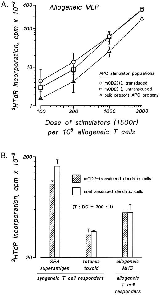 Fig. 3. Transduced and mock-transduced progeny of cord blood and bone marrow CD34+ cells show similarly potent stimulatory function as accessory cells for resting T-cell responses. CD34+ cells were cultured in IMDM-20% FCS with c-kit-ligand, GM-CSF, and TNFα. Proliferating cells were transduced on day 3 of culture by cocultivation for 24 hours and were recultured in fresh medium with replenished cytokines for an additional 8 to 10 days. Nonadherent cells were stained with FITC-anti-mCD2 and candidate dendritic cells were cytofluorographically sorted according to the presence or absence of surface mCD2. Sorted cells were used in graded doses as stimulators in the allogeneic (A and B) mixed leukocyte reaction (MLR) or as stimulators of autologous T cells after pulsing with SEA superantigen or tetanus toxoid antigen (B). Cord blood progeny are evaluated in (A) and bone marrow progeny are evaluated in (B). The amount of 3HTdR incorporated by the responder T cells was plotted against the dose of stimulator cells as a measure of stimulatory capacity.