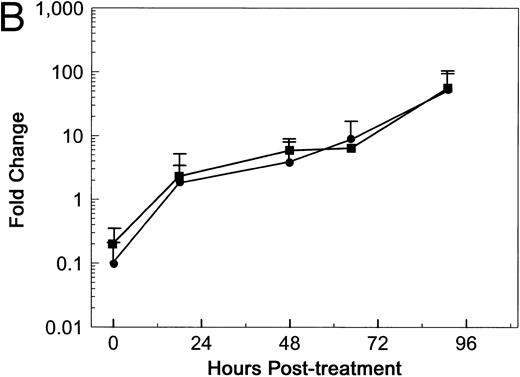 Fig. 10. Soluble Fn does not inhibit dgRTA-induced permeability. HUV-EC-C monolayer cultures and permeability measurements were performed as in Fig 3, except that medium containing 5% fetal bovine serum was used. Monolayers were untreated (n = 2; ○), treated with 100 μg/mL soluble Fn (n = 2; □), or exposed to 5 × 10−8 mol/L dgRTA with (n = 4; ▪) or without (n = 4; •) 100 μg/mL soluble Fn. (A) Permeability is expressed as the mean fluid flux ± standard deviation. (B) Data from (A) for Fn + dgRTA- and dgRTA-treated monolayers expressed as the fold change in fluid flux relative to Fn-treated and untreated control monolayers, respectively.