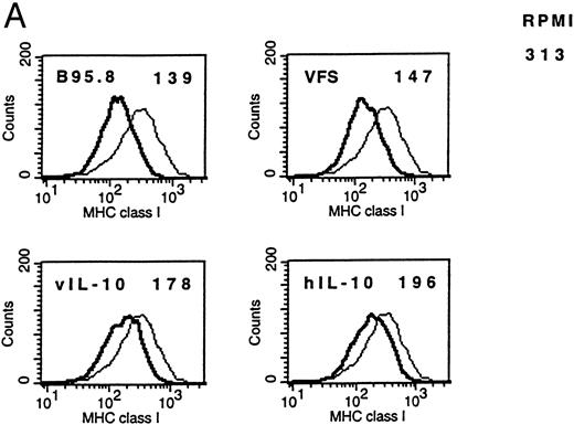Fig. 6. (A) Flow cytometric analysis shows the downregulation of surface MHC class I molecules on peripheral blood B cells after incubation for 2 days with B95.8 supernatant, VFS, or hIL-10 (200 pg/mL) or vIL-10 (200 pg/mL) derived from transiently transfected Cos7 cells. Results are given as mean fluorescence intensity values. The mean value of a reference antibody was less than 5 as a negative control (not shown). The mean fluorescence value of the control cells incubated with cell culture medium was 313 (RPMI 313). (Thin line) MHC class I expression on control cells incubated with cell culture medium, containing 1% of supernatant from untransfected Cos7 cells. (Thick line) MHC class I expression on the same cells treated with either B95.8, VFS, vIL-10, or hIL-10, which showed mean fluorescence intensity values of 139, 147, 178, and 196, respectively. (B) The same effect was observed with cells incubated in cell culture medium containing purified recombinant human IL-10 (0.03 μg/mL rIL-10) in comparison with cell culture medium only. Mean fluorescence values were 1,373 and 598, respectively.