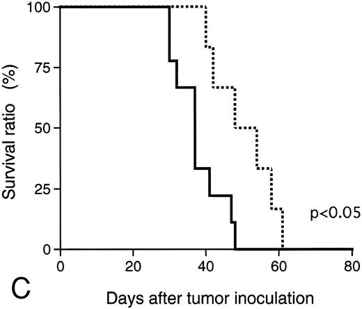 Fig. 8. Effect of anti–IL-6 receptor antibody (hPM1) in mice IV transplanted with KPMM2 cells. hPM1 was injected at 0.2 mg/mouse on day 1. (A) Serum M-protein level. (B) Plasma ionized calcium level on day 34. (Control; n = 12, hPM1; n = 10) (C) Life span. Control ( — ; n = 9); hPM1 (⋅⋅⋅; n = 6).