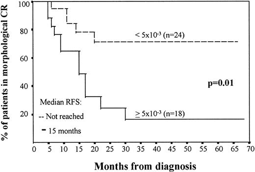 Fig. 1. RFS in AML patients in morphologic CR depending on the number of leukemic cells in BM aspirate, assessed by immunophenotype, after induction treatment. The two groups of patients are as follows: (A) ≥5 × 10−3 leukemic cells (n = 18), with a median survival of 17 months; and (B) less than 5 × 10−3 leukemic cells (n = 24), in which the median survival has not been reached.