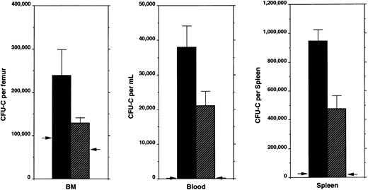 Fig. 5. Tissue distribution of hematopoietic progenitors after flt-3 ligand administration. Bone marrow (BM), spleen, and peripheral blood were obtained after 10 days of treatment with flt-3 ligand and assayed for colony-forming cell (CFU-C) content. The baseline level of CFU-C present in each tissue is indicated by arrowheads. Five age- and sex-matched mice were analyzed. Data represent the mean ± SEM. (▪), Wild type; (▨), G-CSFR (−/−).