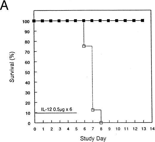Fig. 2. Pretreatment of mice with rmIL-12 protects against subsequent rmIL-12–induced toxicity. Female C3H/Hej mice received a single subcutaneous injection of rmIL-12 (0.5 or 1 μg) or vehicle 7 days before consecutive dosing with rmIL-12 at the same dose (days 0 to 5). The percent survival of vehicle and rmIL-12 primed mice receiving either 0.5 μg (A) or 1 μg (B) of rmIL-12 is shown (n = 8 per treatment group). The results are representative of three separate experiments. (A) (□), Vehicle day −7; (▪), rmIL-12 day −7. (B) (○), Vehicle day −7; (•), rmIL-12 day −7.