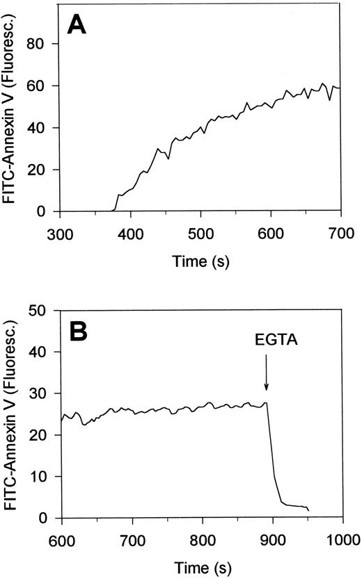 Fig. 5. Reversibility of the accumulation of FITC-annexin V on the surface of single, collagen-bound platelets. Platelets were allowed to adhere to immobilized collagen in the presence of 2 mmol/L CaCl2 and FITC-labeled annexin V (A). After 15 minutes of adhesion, 10 mmol/L EGTA was added to displace annexin V from the platelet surface (B). Changes in FITC-fluorescence intensity of single platelets were recorded by video fluorescence imaging techniques. Time settings are relative to the timepoints of interaction of the platelets with collagen.
