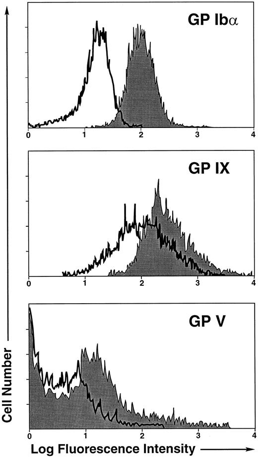 Fig. 1. Flow cytometric analysis of patient platelets. Analysis was performed on fixed whole blood with antibodies against GP Ibα (AN51), GP IX (SZ1), and GP V (SW16). (□) Patient platelets; (░) control platelets.