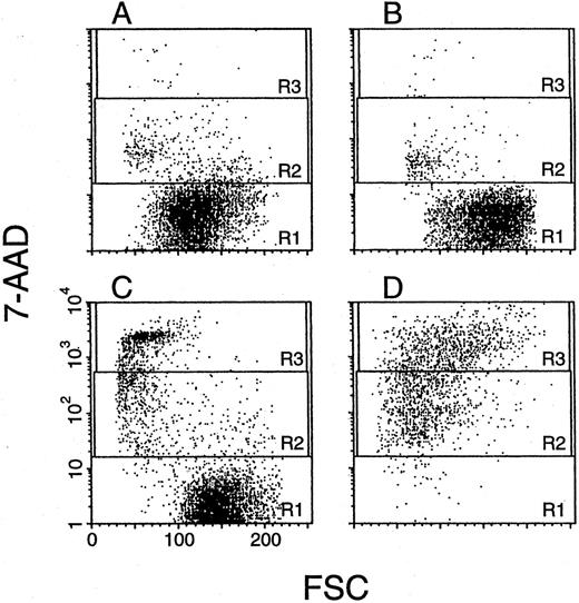 Fig. 7. Apoptosis of CD34+ cells from PNH-BM. BM hematopoietic progenitors enriched with CD34+ cells obtained from a PNH patient (A, C) and a healthy volunteer (B, D) were analyzed by two-color flow cytometry with both 7-AAD and FITC-conjugated anti-CD34 MoAb before (A, B) and after (C, D) treatment with TNF-α, IFN-γ, and subsequent anti-FAS MoAb. Scattergrams of gated CD34+ cells were generated by combining forward light scatter (FSC) with 7-AAD fluorescence and show three regions drawn around clear-cut populations having negative (R1, viable cells), dim (R2, apoptotic cells), and bright fluorescence (R3, late-apoptotic or dead cells), as reported originally by Philpott et al.31 A second experiment with cells from four other patients with PNH and four healthy donors gave similar results.