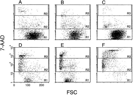 Fig. 8. Apoptosis of CD34+ cells from MDS-BM. CD34+ cells were isolated from the BM of patients with MDS (CMMoL, A and D; RA, B and E) and a healthy donor (C, F ). Cells were then treated and analyzed as described in the legend to Fig 7. The population of viable cells (R1) after treatment was 39%, 51%, and 8% in the patients (D, E) and the healthy control (F ), respectively. (A, B, and C) Cells before treatment. A second experiment with cells from three other patients with MDS and three healthy donors gave similar results.