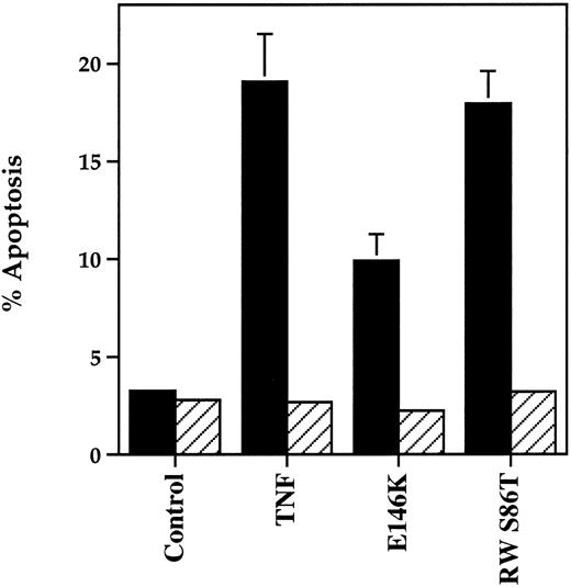 Fig. 9. Effect of TNFR55 blocking antibodies on TNFR55-selective mutant-induced neutrophil apoptosis. Human neutrophils (5 × 106/mL) were preincubated in the presence (▨) or absence (▪) of antihuman TNFR55 MoAbs before stimulation with medium alone (control), 12.5 ng/mL TNF-α, or 100 ng/mL of the TNFR55 selective mutant proteins E146K or RWS86T for 6 hours. The extent of apoptosis was assessed morphologically. Data represent mean ± SEM of three separate experiments, each performed in triplicate.