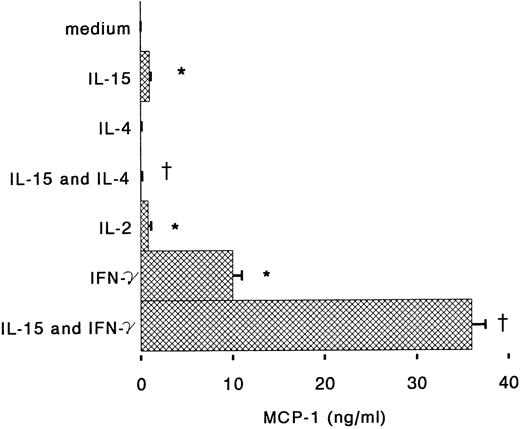 Fig. 4. Regulation by IL-4 and IFN-γ of MCP-1 production by IL-15–stimulated monocytes. Monocytes were incubated under the conditions described in the Fig 3 legend. After 6 hours supernatants were assayed for IL-8 content by ELISA. Results represent mean ± SE of MCP-1 concentrations of three independent experiments. *Significant difference of MCP-1 concentrations (P < .05). †Significant inhibition by treatment (P < .05).