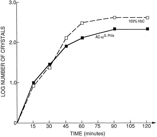 Fig. 6. Kinetic curves of the log number of crystals (nucleation rate) from the hemolysate of the propositus' mother (AC-α-G Philadelphia = 17.4% αG-Phila.βC; 28.7% HbC; 24.4% αG-Phila.βA; 29.5% αAβA), compared to 100% HbC.