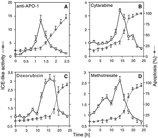 Fig. 1. Stimulation of ICE-like proteolytic activity after CD95 ligation and chemotherapeutic drug treatment in CEM cells. CEM cells were incubated for the indicated times with anti–APO-1 (A), CR (B), DX (C), and MT (D) at concentrations indicated. Ten minutes before harvest, cells were permeabilized by a short hypotonic shock and incubated with 50 μmol/L of the fluorogenic ICE substrate. Cells were analyzed in parallel by FACS for induction of cell death and ICE proteolytic activity. The data represent the mean ± SD from three experiments with duplicate samples. Similar data were obtained in SHEP cells (data not shown).